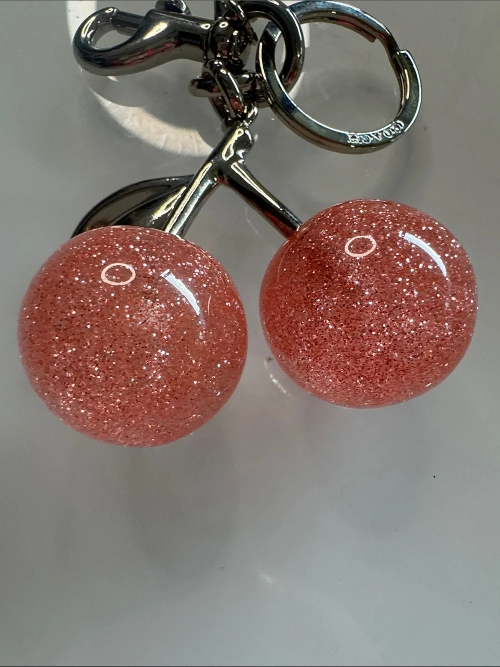 Coach Pink Glitter Cherry Keyring Charm with Silver Hardware